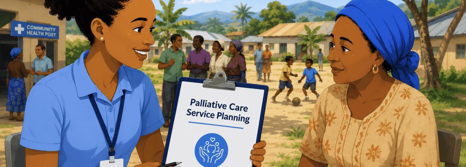 Illustration of a community health worker holding a Palliative Care Service Planning clipboard while talking with an older woman outside a community health post