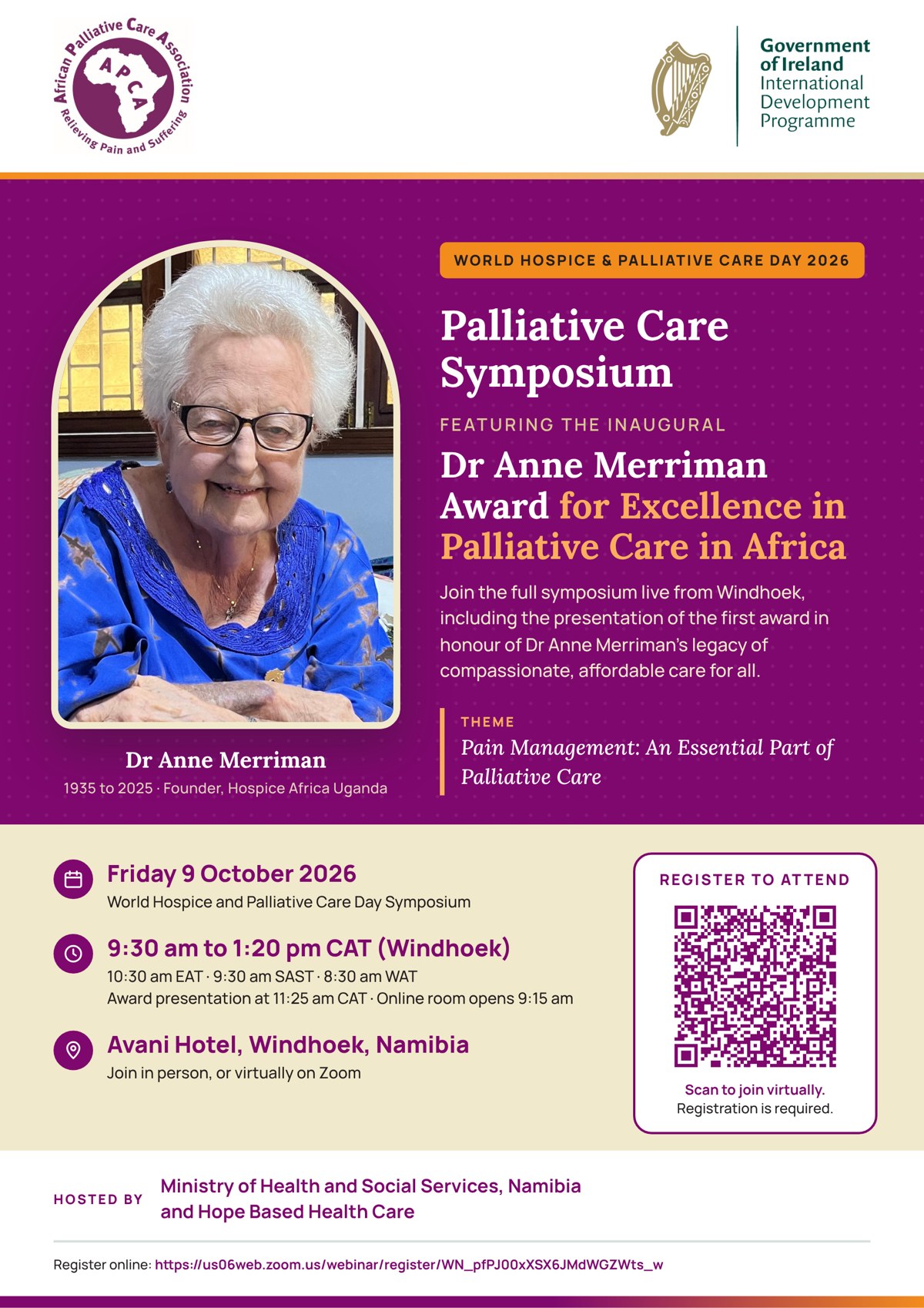 Flyer: World Hospice and Palliative Care Day 2026 Palliative Care Symposium featuring the inaugural Dr Anne Merriman Award, Friday 9 October 2026, 9:30 am to 1:20 pm CAT, Avani Hotel, Windhoek, with a registration QR code